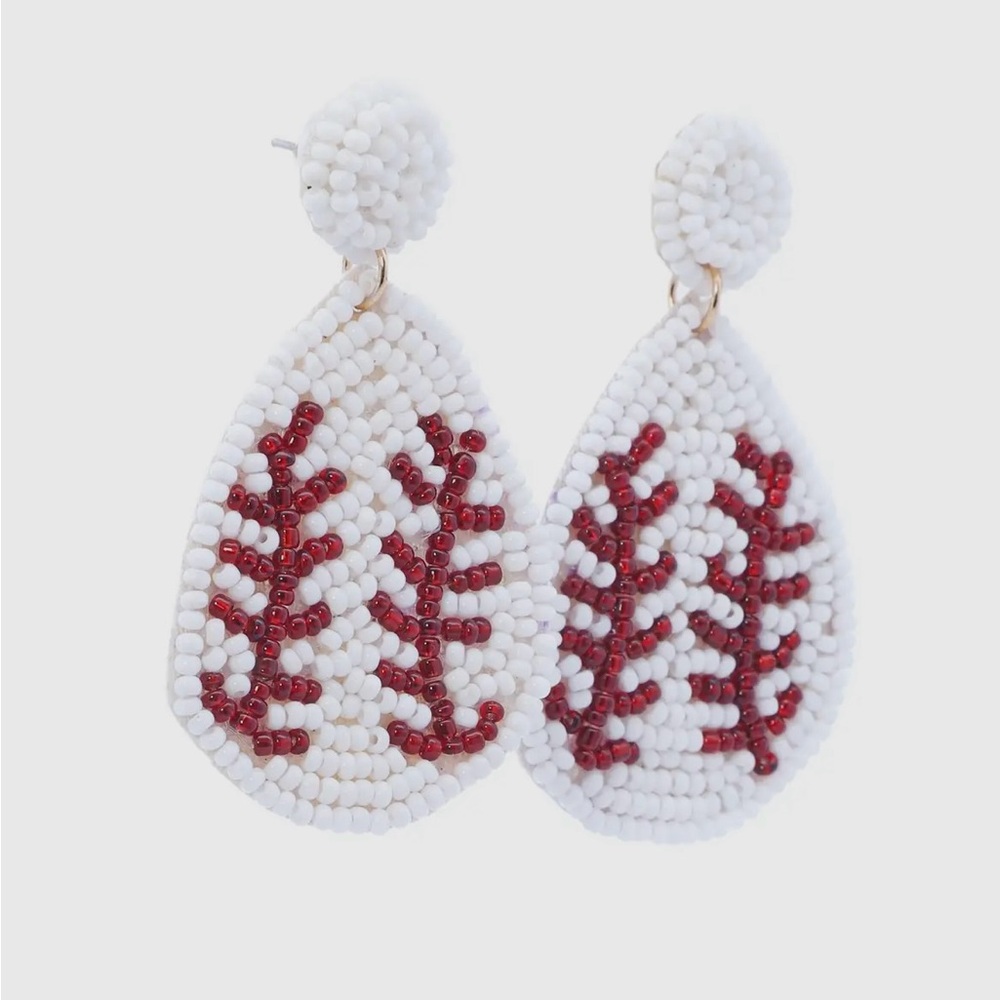 Handmade Beaded Baseball Drop Earrings Teardrop - Picture 3 of 5